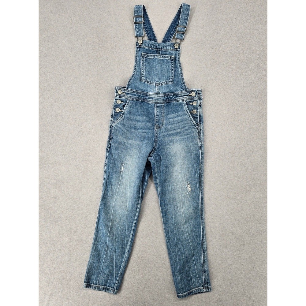 Cat & Jack Kids 10/12 Blue Denim Overalls Distressed Straight Leg Workwear